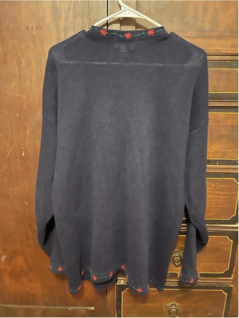 Van Heusen Hand-Embroidered Floral Cardigan Sweater Navy Ramie Cotton L